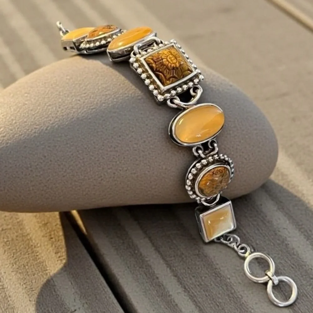 Whitney Kelly Sterling Silver Tiger’s Eye Jasper MOP Link Toggle Bracelet 7” - Picture 1 of 17